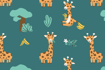 cartoon animals giraffe and tree, grass seamless pattern. Vector illustration - obrazy, fototapety, plakaty
