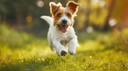  a small brown and white dog running through a field of grass with it's mouth open and it's tongue hanging out and it's tongue out.