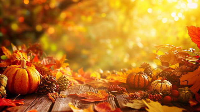 nksgiving or autumn scene with pumpkins, autumn leaves and berries. Ai Generative