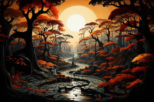 illustration wonderland freeze covered January 3D illustration of landscape at dusk where we observe part of an island with vegetation