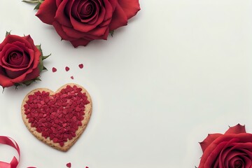 Valentine's day background with red roses and heart-shaped candies