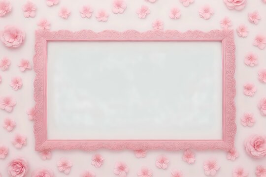 Blank photo frame and pink flowers on white background, copy space
