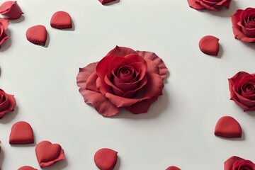 Valentines day background with red roses and hearts on white background