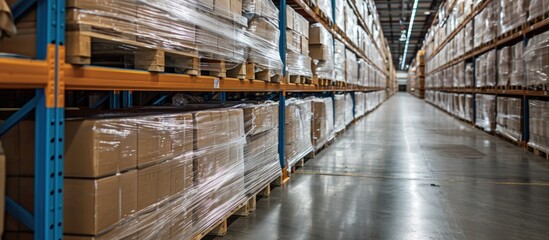 Warehouse storage for cargo shipment boxes on pallet racks, wrapped in plastic film. - obrazy, fototapety, plakaty