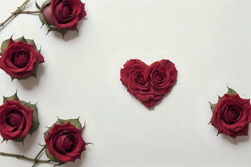Valentines day background with red roses and hearts on white background