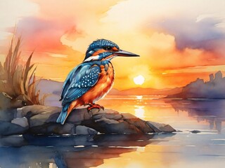 watercolor illustration of perching Kingfisher during late sunset with sunflares in the background.