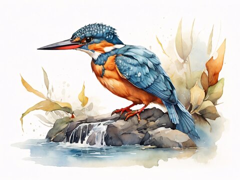 modern minimalist art of a kingfisher depicted linear green and yellow watercolor.