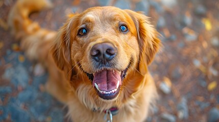 golden retriever portrait, a friendly Golden Retriever joyfully greeting its owner with a wagging tail and a big smile, showcasing its loving and sociable nature - obrazy, fototapety, plakaty