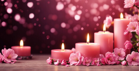 Aromatherapy candles lit on wooden table surrounded by pink roses and petals.Generative AI.