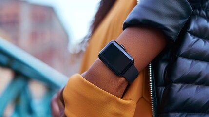  a close up of a person's arm wearing a black apple watch on their arm and a yellow sweater on their arm, with a blue bridge in the background.