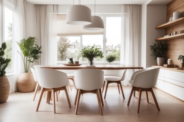 Fototapeta premium Scandinavian interior home design of modern dining room with wooden dining table and chairs with wooden furniture and ornamental plants