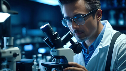 male research scientist looking into microscope, wearing safety glasses. Blue lighting in a dark lab room. science concept