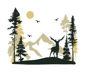deer in the forest, mountain landscape vector