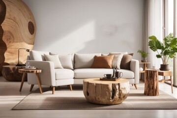 Rustic interior home design of modern living room with handmade armchairs and a stump table against white wall near the window