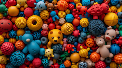 Fototapeta na wymiar A vibrant assortment of colorful, textured rubber toys in various shapes, including balls and animal figures