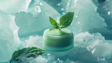  a close up of a jar of cream with a green leaf sticking out of it on a pile of ice cubes with water splashing on the ground behind it. - obrazy, fototapety, plakaty