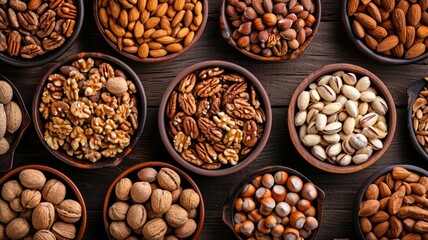 Background with different nuts. Top view of various nuts