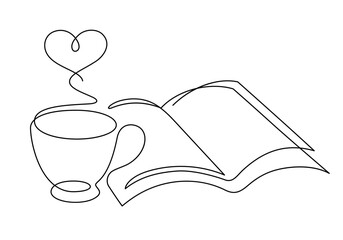 coffee cup and book opening one line drawing continuous minimalism illustration