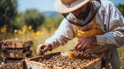 Picture of a passionate beekeeper caring for beehives and harvesting honey 