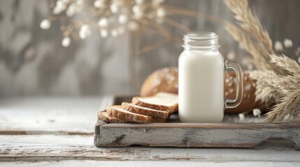  a bottle of milk, a loaf of bread, and a sprig of wheat on a wooden cutting board on a white table with a gray wall in the background.