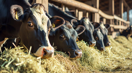 Group of cows at cowshed eating hay or fodder on dairy farm. Generative AI