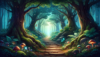 An enchanted forest path lined with towering trees and mystical mushrooms in the dreamy glow of fireflies and foliage. Concept of a fairytale illustration. AI generated. - obrazy, fototapety, plakaty