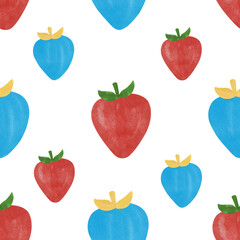  seamless pattern with fruits. This image features a playful and vibrant pattern of illustrated strawberries with a simplistic design, set against a clean white backdrop