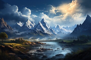 Beautiful Mountain landscape with mountains and clouds.