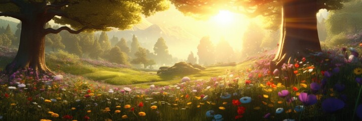 A meadow of flowers on the background of the sun