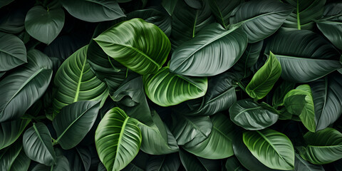 Leaves of abstract green dark texture nature background, Tropical foliage dark green nature Leaf,