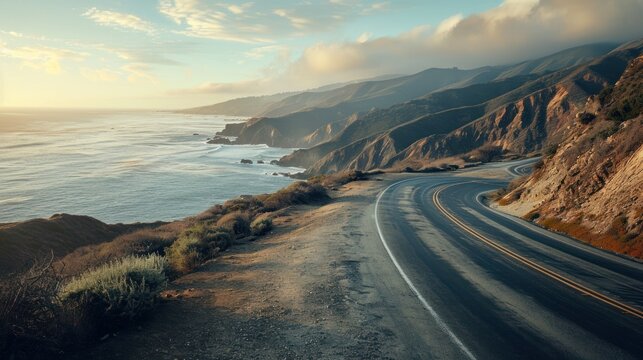 a view of a road near the ocean with a cliff on one side and a body of water in the middle of the road on the other side of the road.