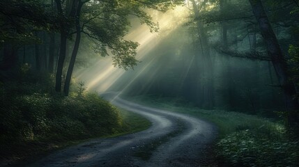 a dirt road in the middle of a forest with sunbeams shining through the trees on either side of the road is a winding dirt road that runs through the center of the forest.