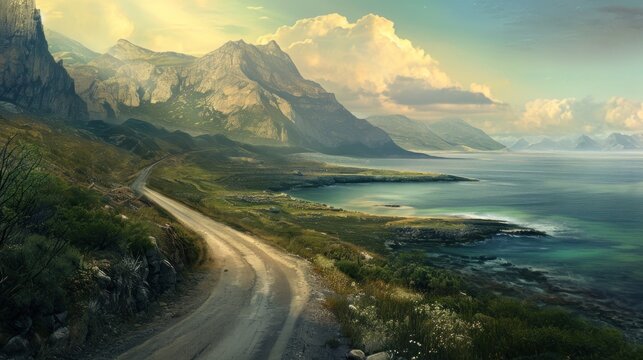 a painting of a dirt road next to a body of water with a mountain range in the background and a body of water on the other side of the road.
