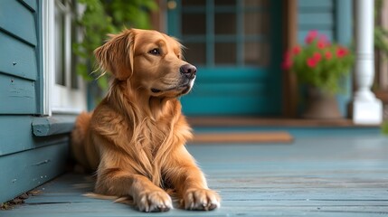 golden retriever puppy, a loyal Golden Retriever patiently waiting by the front door, eager to accompany its family on an outdoor adventure, - obrazy, fototapety, plakaty