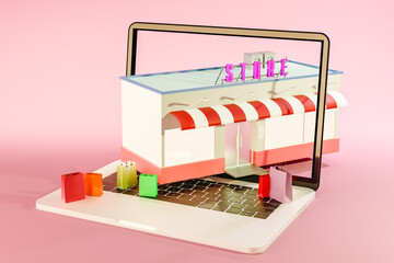 3d rendering of open laptop with colorful shopping bags and store in modern studio