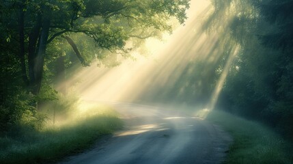  a road in the middle of a forest with sunbeams shining down on the road and trees lining the sides of the road on both sides of the road.