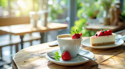  a close up of a plate of food on a table with a cup of coffee and a slice of cheesecake on a plate with strawberries on the plate. - obrazy, fototapety, plakaty