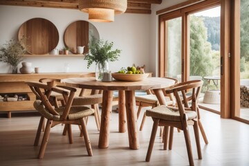 Fototapeta premium Rustic interior home design of modern dining room with wooden dining table and chairs with handmade wooden furniture, forest view from the window