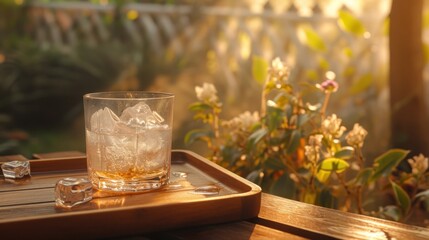  a glass of whiskey sitting on top of a wooden tray next to a glass of ice cubes on top of a wooden tray with a flower garden in the background.