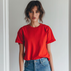 Red T-shirt Mockup, Woman, Girl, Female, Model, Wearing a Red Tee Shirt and Blue Jeans, Oversized Blank Shirt Template, White Background, Close-up View
