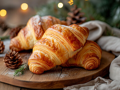 Sweet pastry food breakfast croissant snack bakery on wooden background.