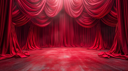 Elegant red theater curtain drapes on a stage with a spotlight, suitable background for performance or event announcements