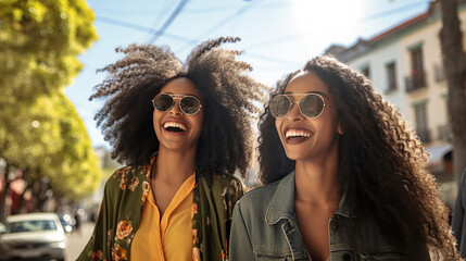 horizontal image of two young mixed race girls walking happily in the street AI generated