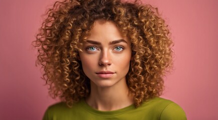 portrait of a fashion woman, curly hairs of a woman, portrait of a pretty young fashion model, pretty fashion girl in studio, curly haired woman