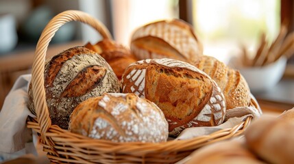  a basket filled with loaves of bread sitting on top of a table next to a basket of loaves of loaves of bread on top of a table.