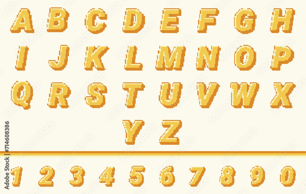 Fototapete pixel retro alphabet letter and number, arcade game style font. letters and numbers in pixelated 8 b
