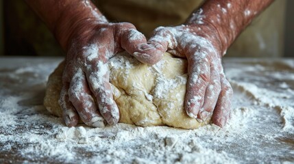  a close up of a person kneading a ball of dough on top of a table with powdered sugar on the top of the knick knacks.