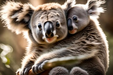 An adorable baby koala clinging to its mother's back, with its fuzzy ears and button-like eyes, showcasing the precious bond and cuteness found in the animal world.