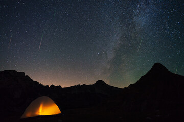 Fototapeta na wymiar Meteor Shower and the Milky Way with tent