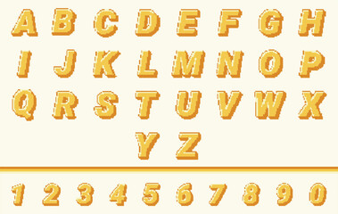 pixel retro alphabet letter and number, arcade game style font. letters and numbers in pixelated 8 bit design, vector illustration